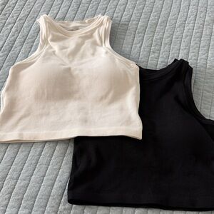 Ribbed High-Neck Sports Crop — Cream & Black